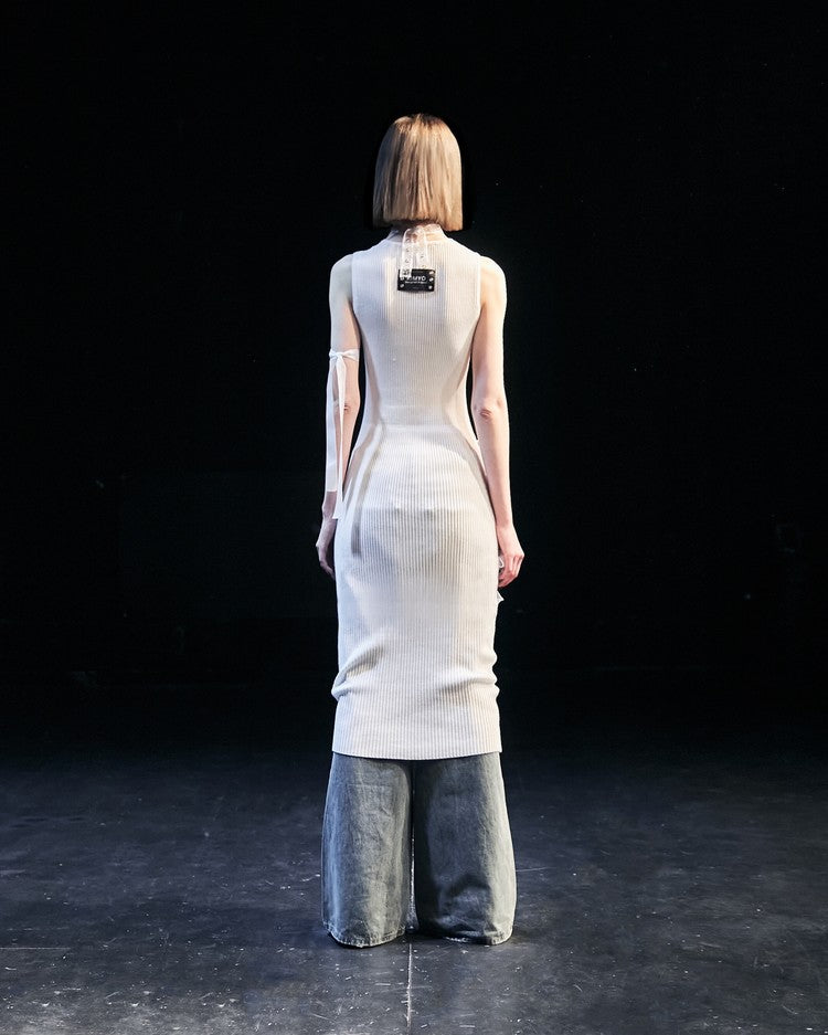 Two-Section Ribbon Ribbed Dress In White