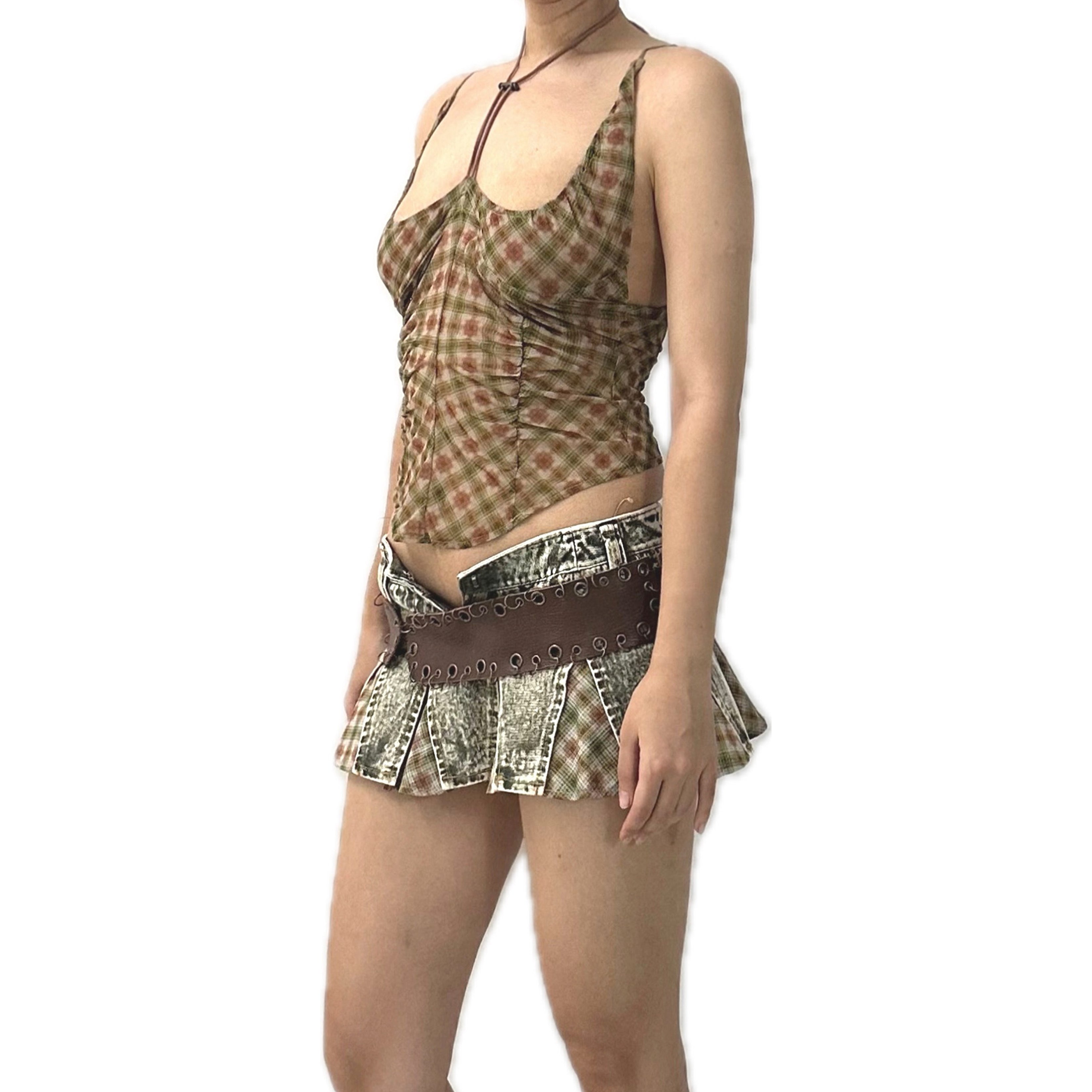 Plaid Mesh Round Hem Halter Tank