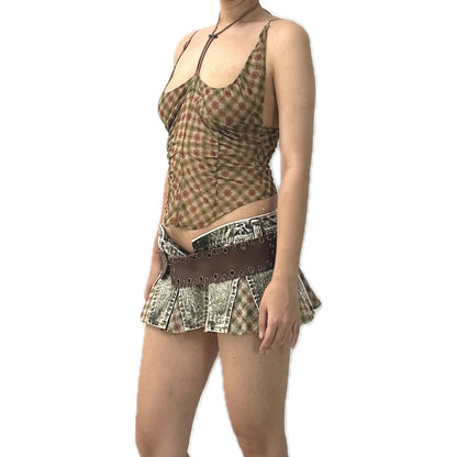 Plaid Mesh Round Hem Halter Tank