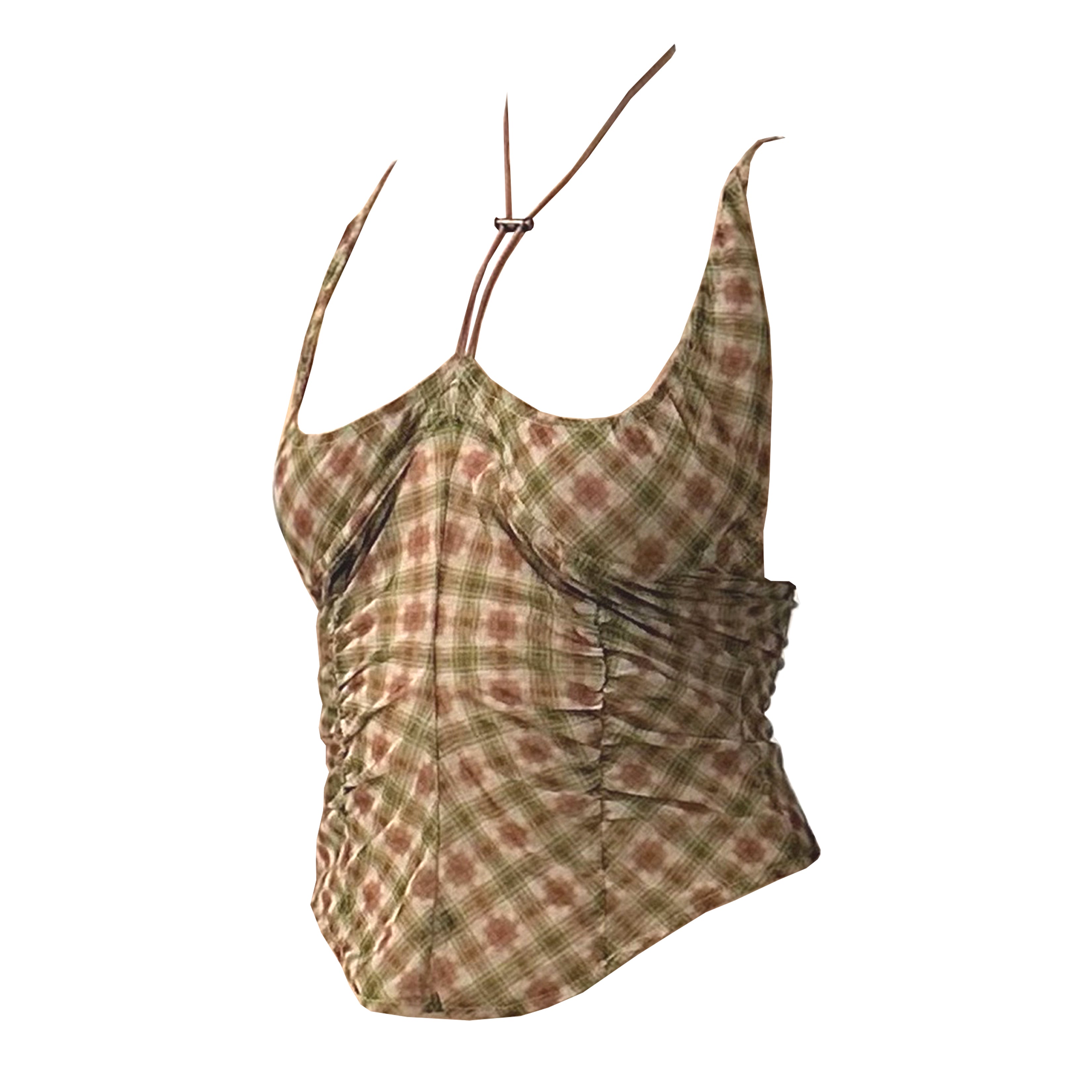 Plaid Mesh Round Hem Halter Tank