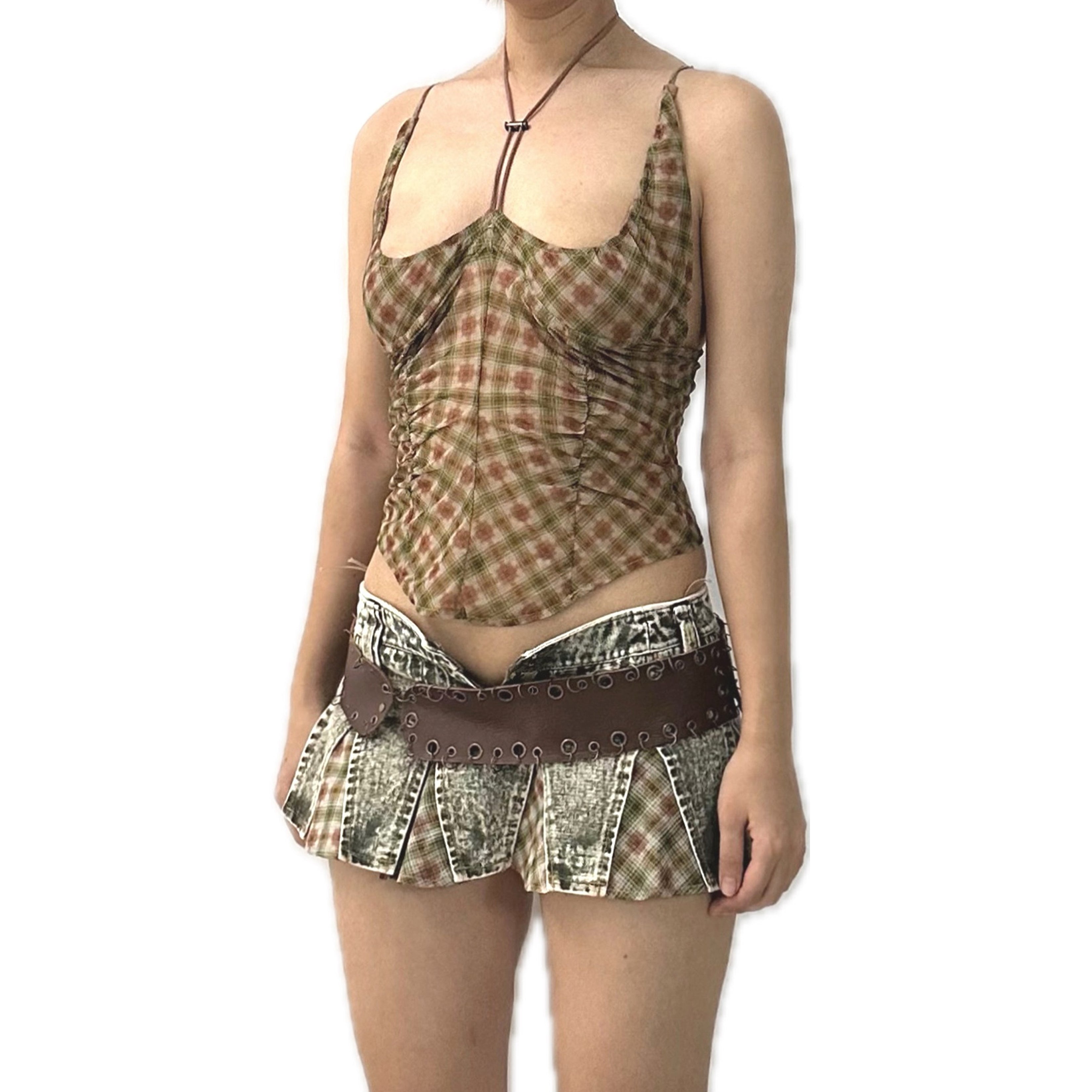 Plaid Mesh Round Hem Halter Tank