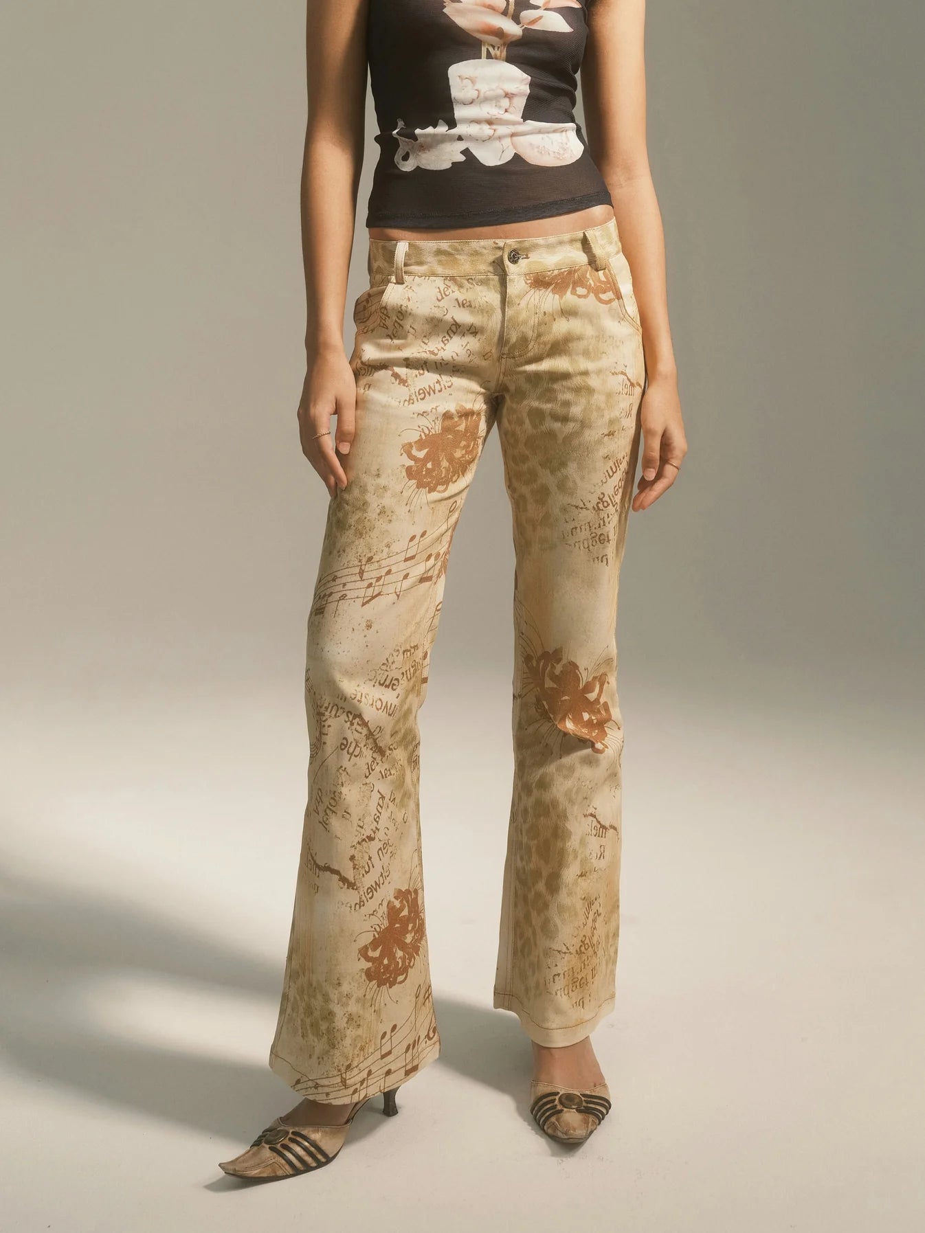 Yellow Floral Leopard Print Flare Jeans