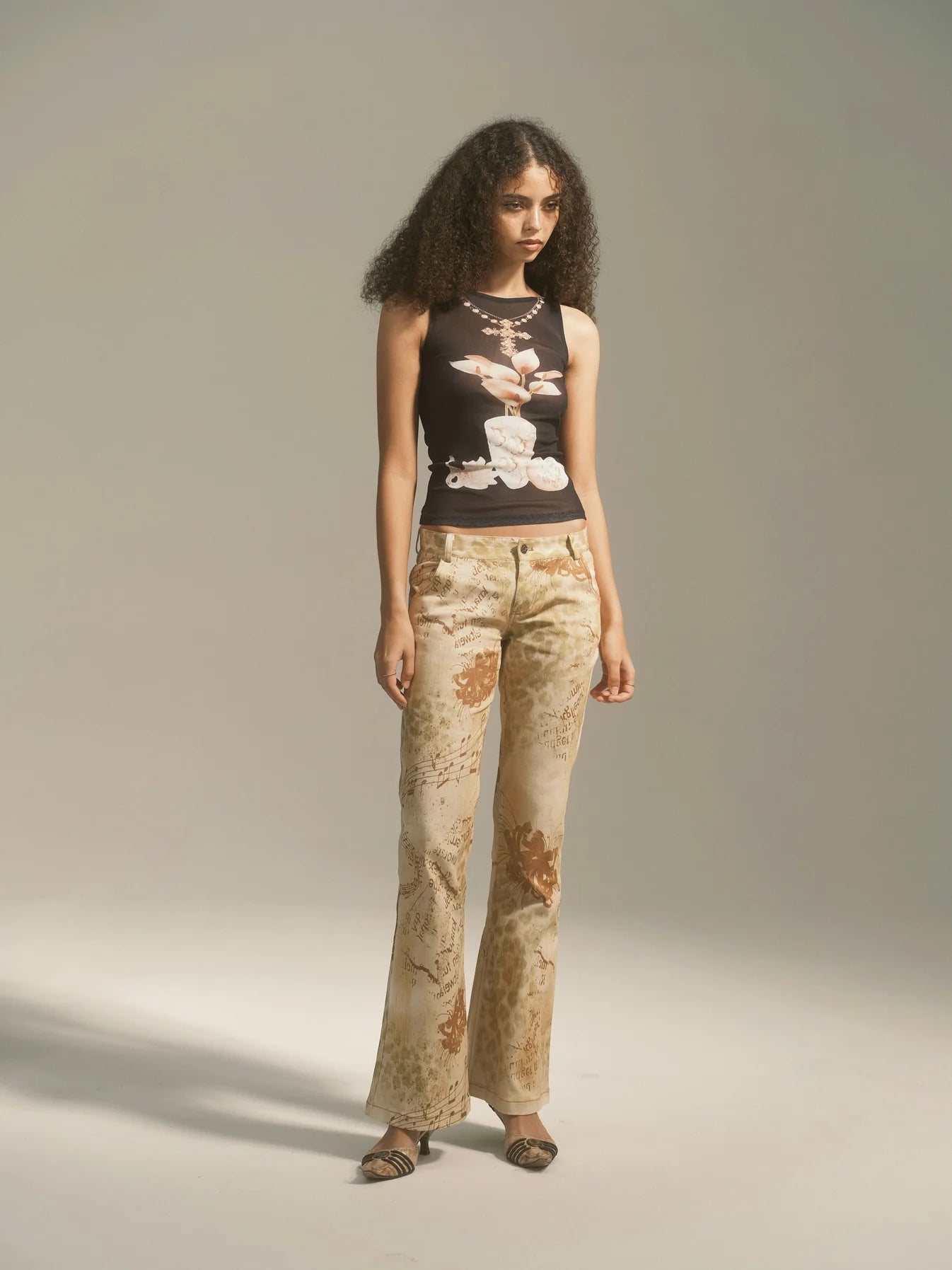 Yellow Floral Leopard Print Flare Jeans