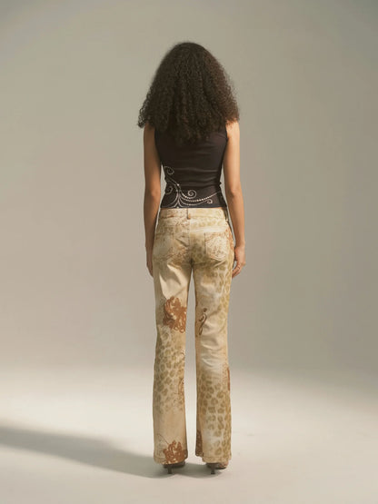 Yellow Floral Leopard Print Flare Jeans