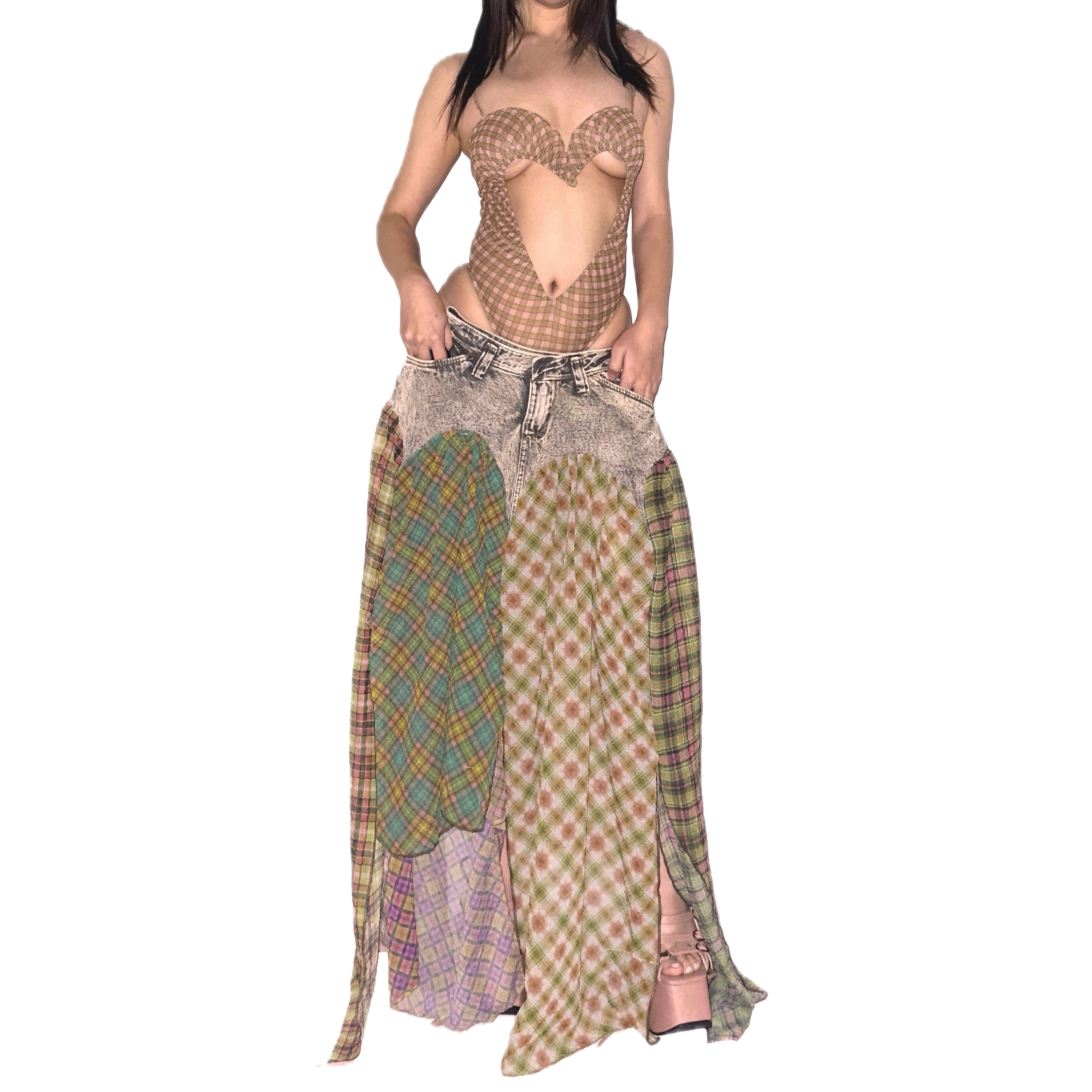 Denim Plaid Patchwork Bubble Chiffon Asymmetrical Maxi Skirt