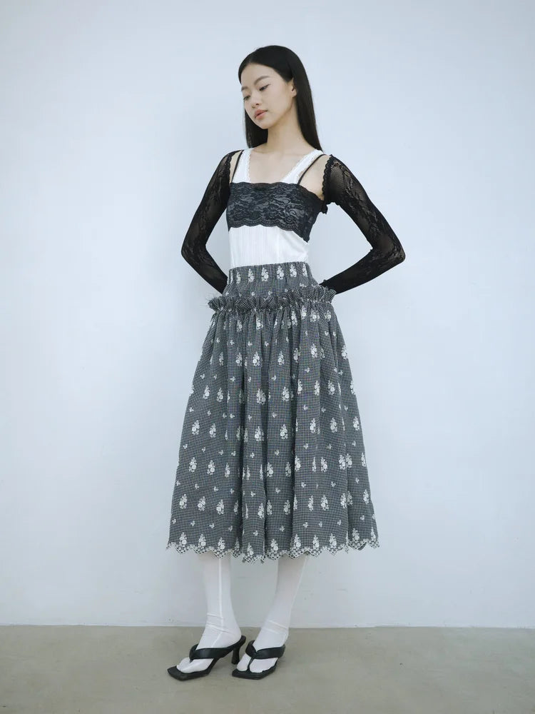Amelia Ruffle Midi Skirt - Embroidered Check