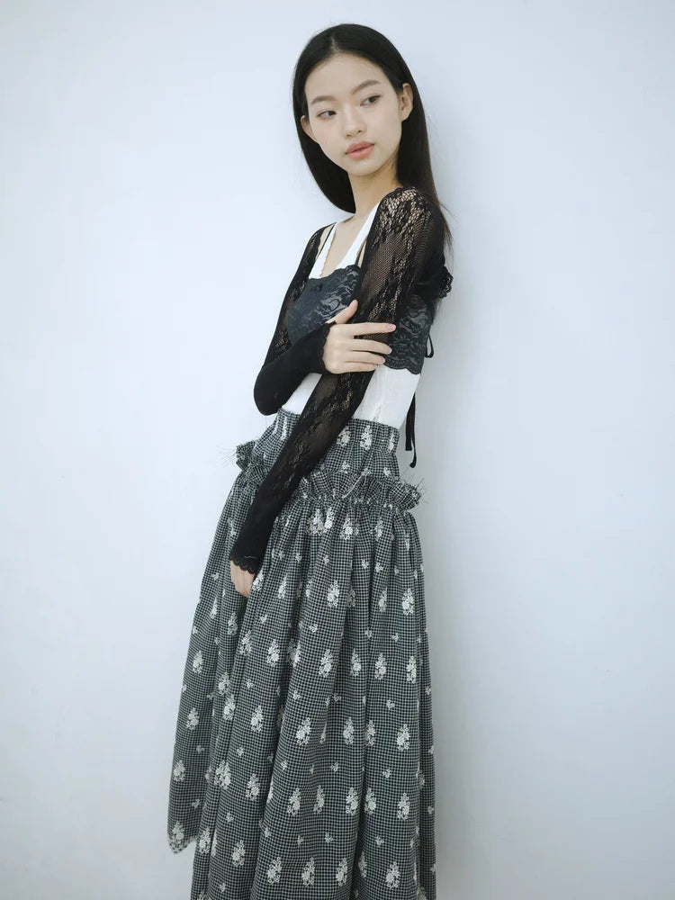 Amelia Ruffle Midi Skirt - Embroidered Check