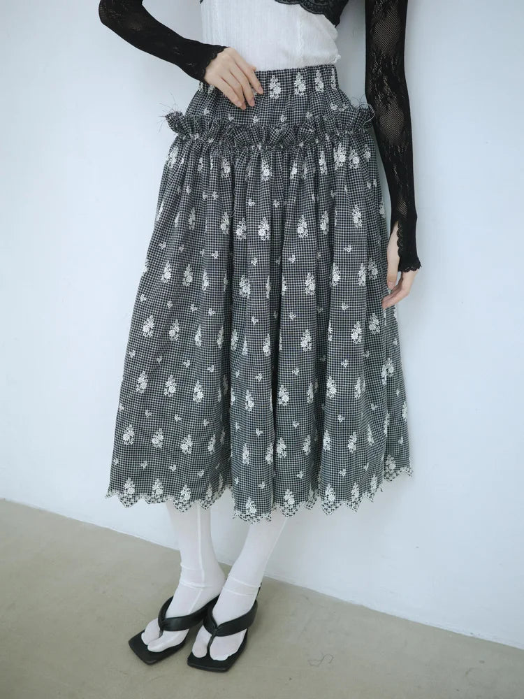 Amelia Ruffle Midi Skirt - Embroidered Check