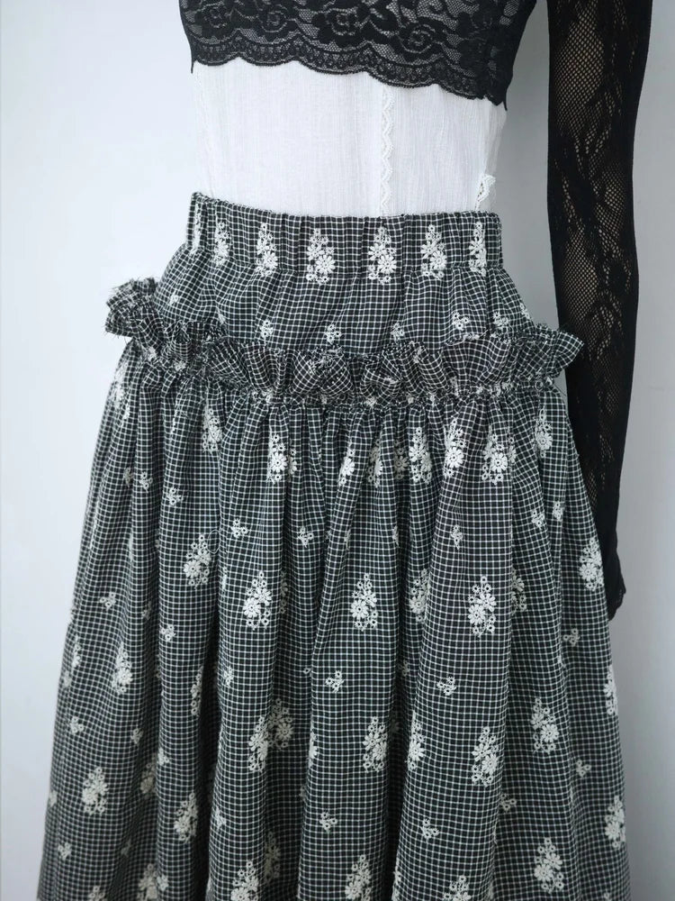 Amelia Ruffle Midi Skirt - Embroidered Check