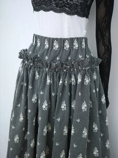 Amelia Ruffle Midi Skirt - Embroidered Check