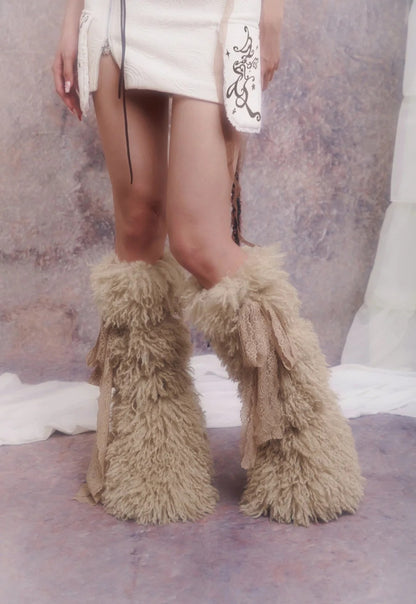 Khaki Lace Faux Fur Leg Warmers