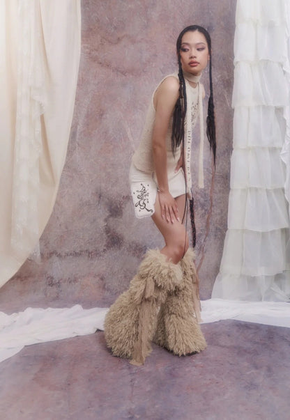 Khaki Lace Faux Fur Leg Warmers