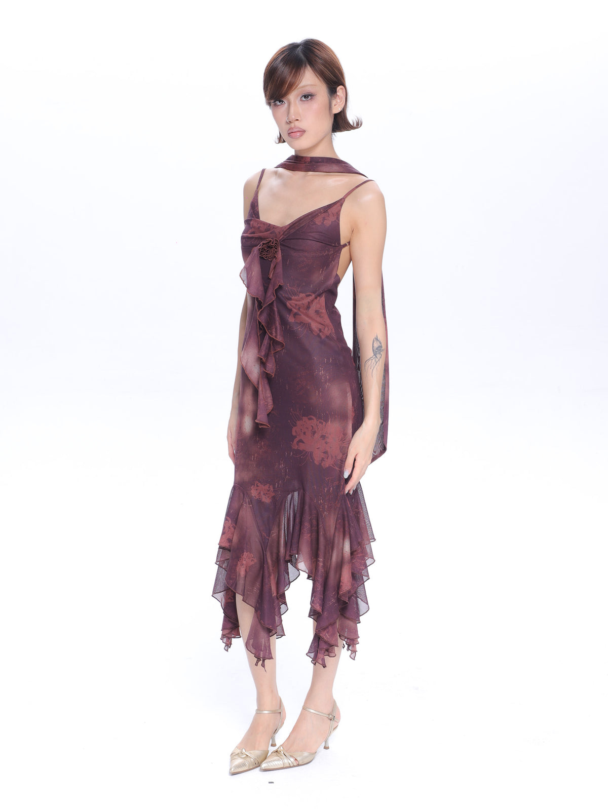 Mesh Floral Brooch Cami Dress &amp; Scarf