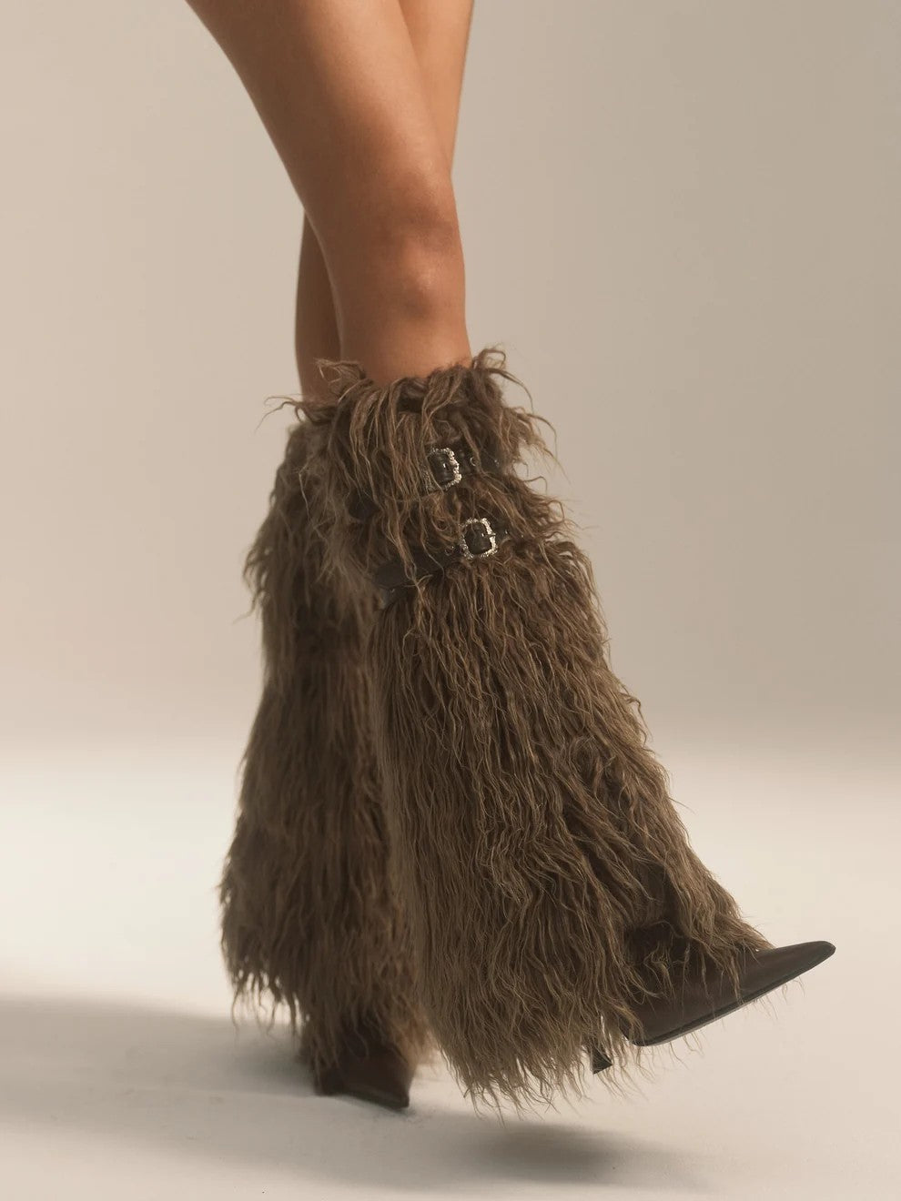 Navy Green Buckled Faux Fur Leg Warmers