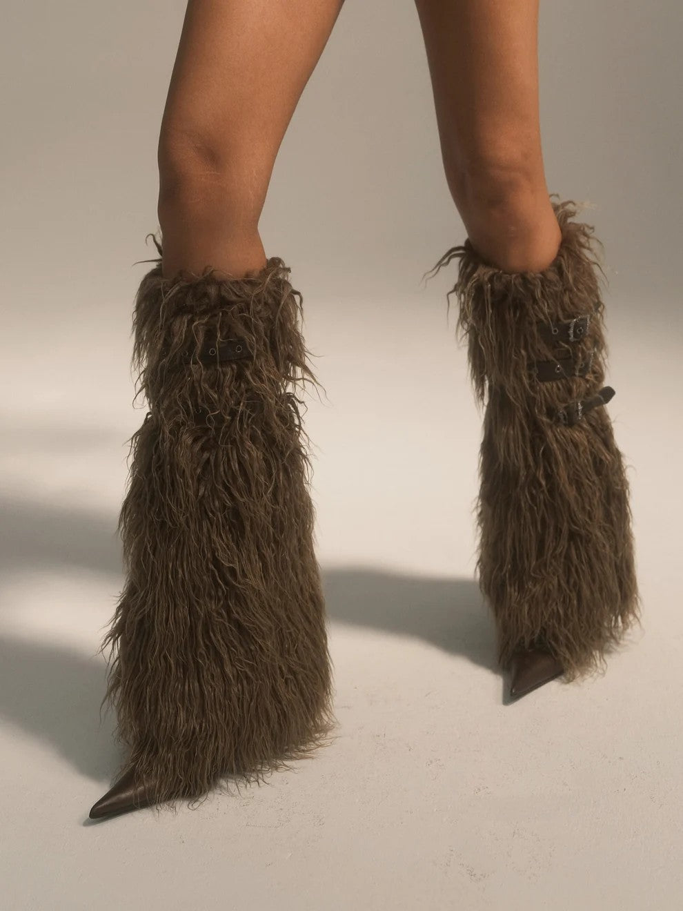 Navy Green Buckled Faux Fur Leg Warmers