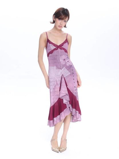 Purple Floral Patterned Lace Mesh Dress