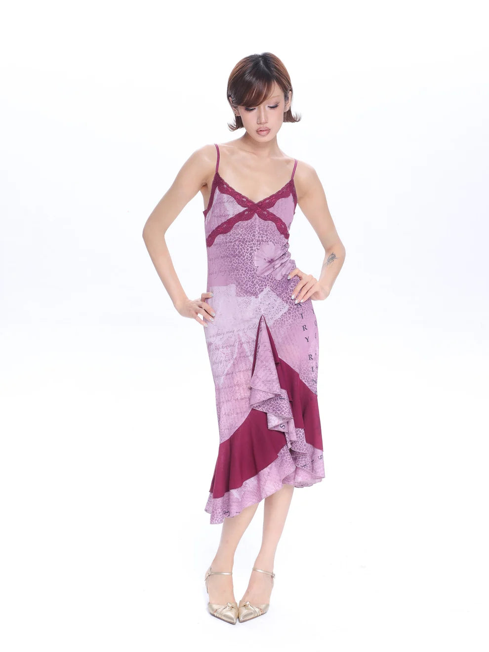 Purple Floral Patterned Lace Mesh Dress