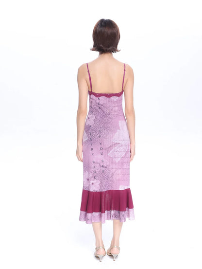 Purple Floral Patterned Lace Mesh Dress