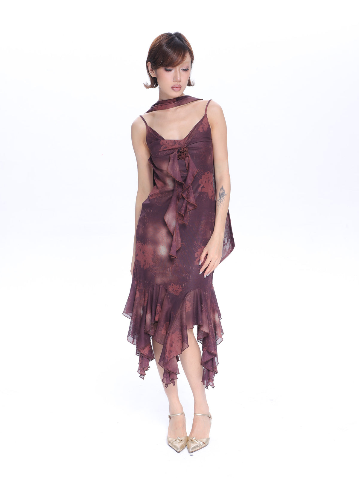 Mesh Floral Brooch Cami Dress &amp; Scarf