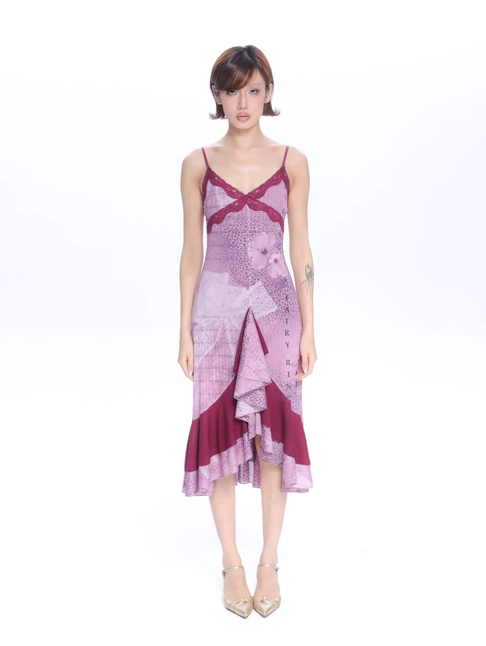 Purple Floral Patterned Lace Mesh Dress