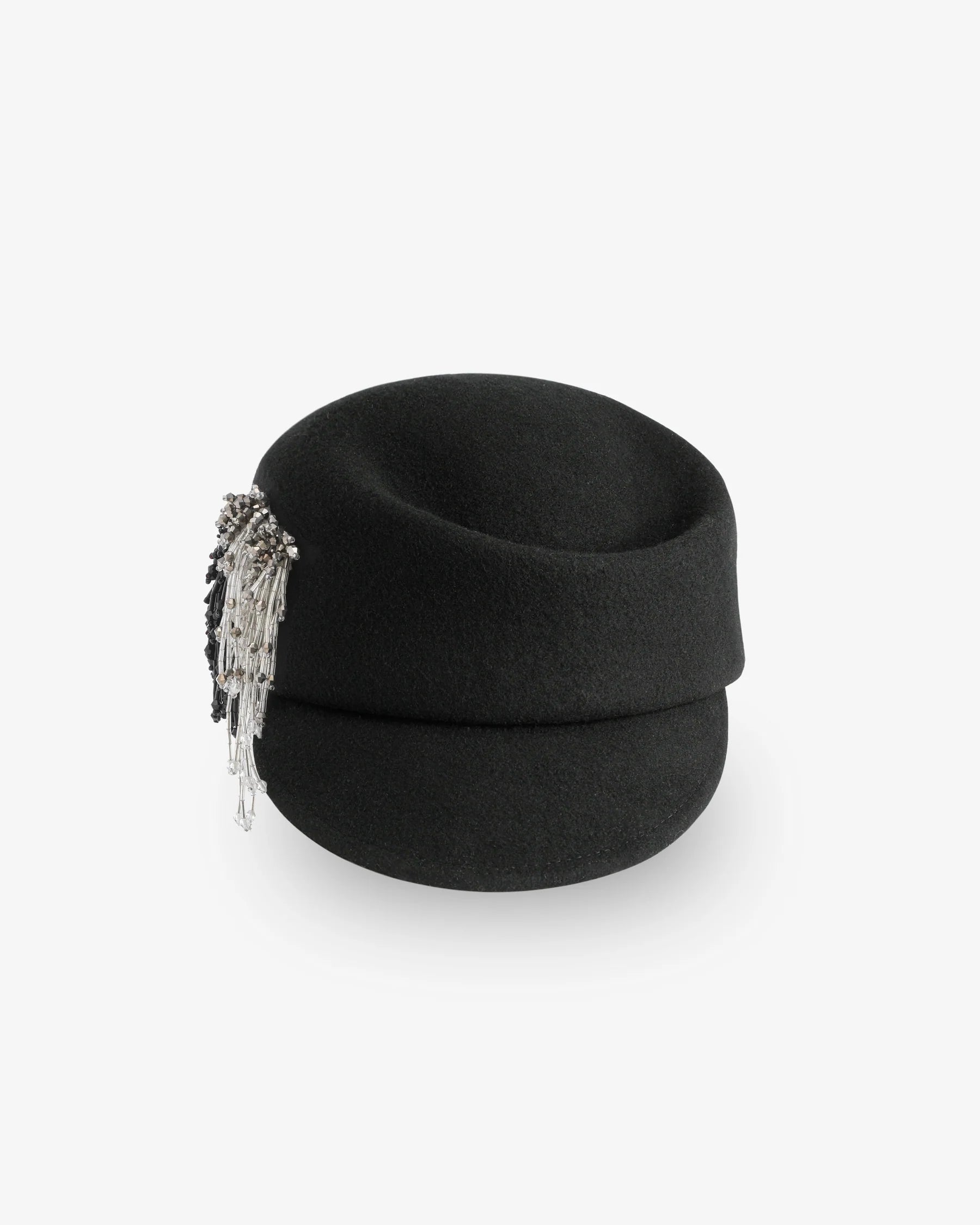 Fringe Beaded Felt Cap Black