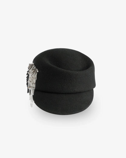 Fringe Beaded Felt Cap Black