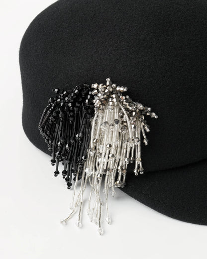 Fringe Beaded Felt Cap Black