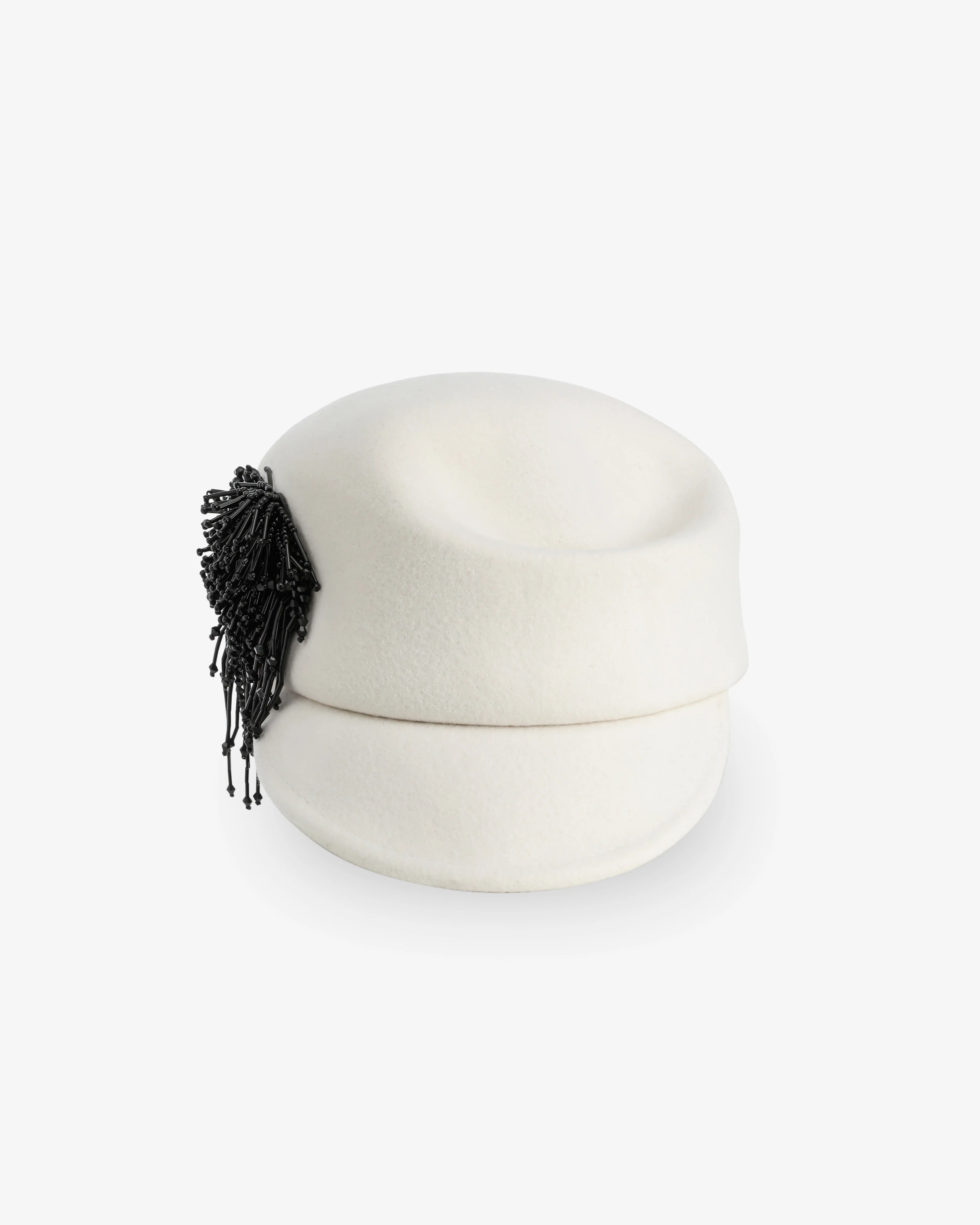 Fringe Beaded Felt Cap Black White