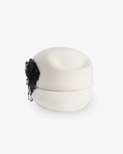 Fringe Beaded Felt Cap Black White