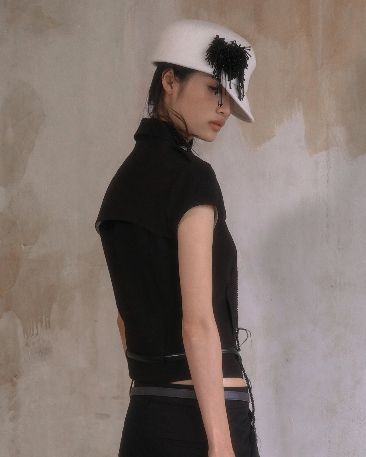 Fringe Beaded Felt Cap Black White