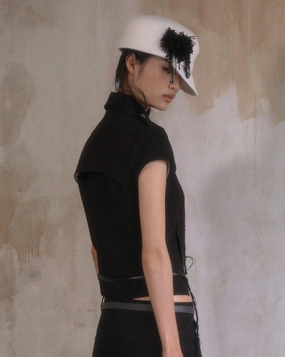 Fringe Beaded Felt Cap Black White