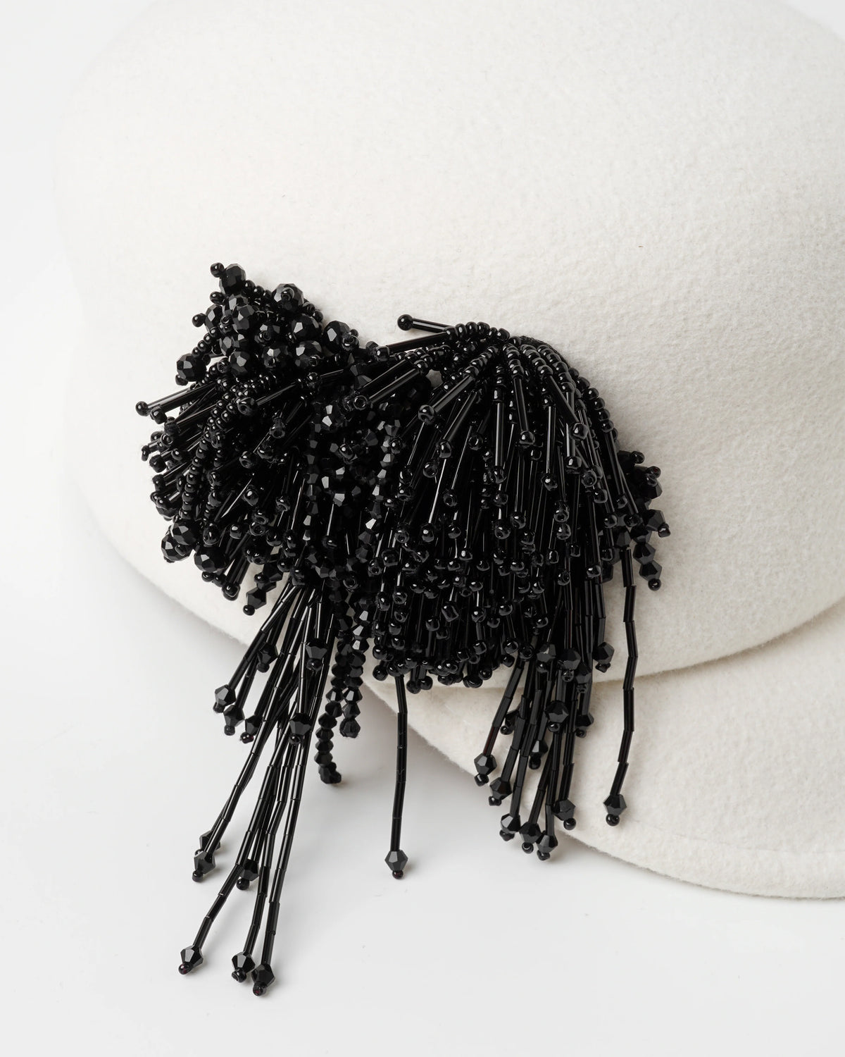 Fringe Beaded Felt Cap Black White