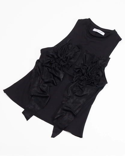 Black sheer mesh top with ruched front, front view