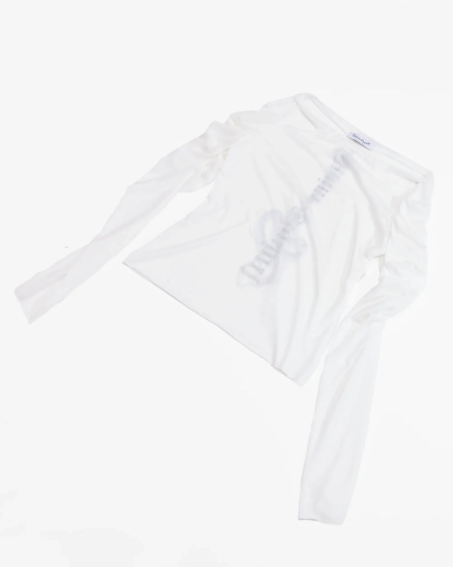 white longsleeve top with ruched sleeves and back print