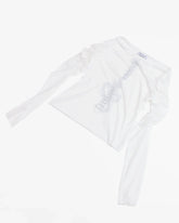 white longsleeve top with ruched sleeves and back print