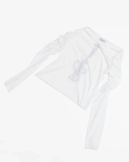 white longsleeve top with ruched sleeves and back print