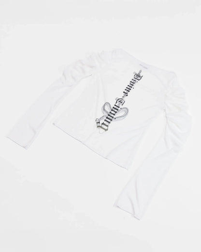 back view of white longsleeve top with ruched sleeves and back print