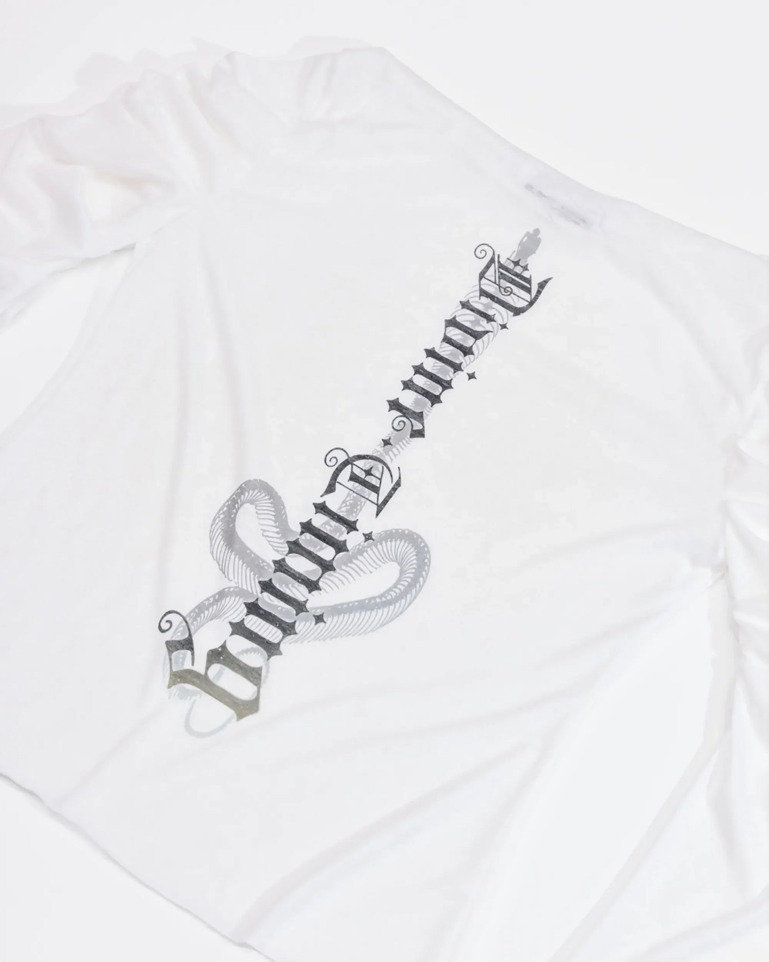 back print of white longsleeve top with ruched sleeves 