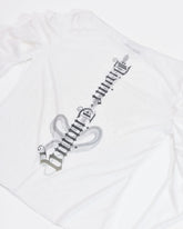 back print of white longsleeve top with ruched sleeves 