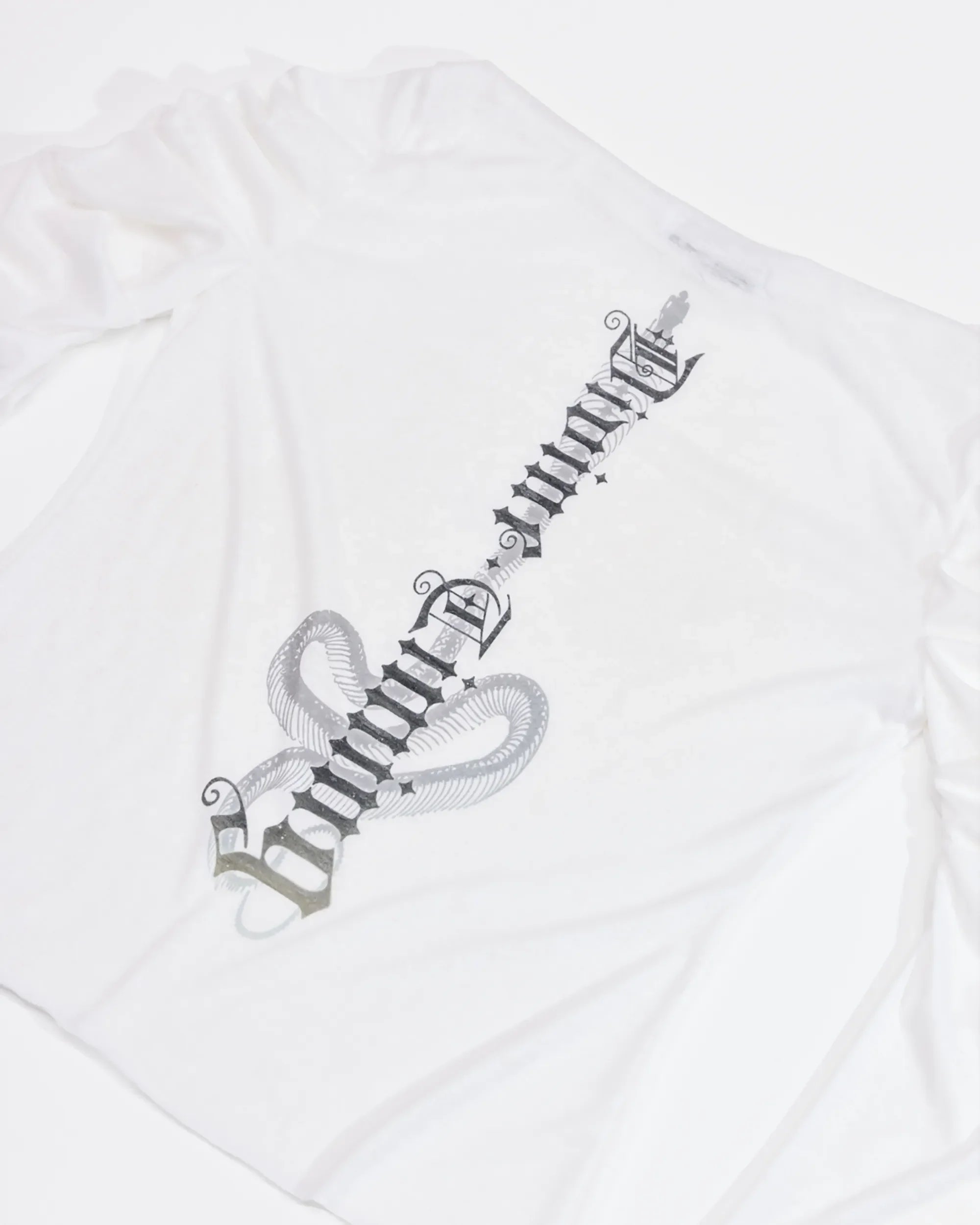 back print of white longsleeve top with ruched sleeves 