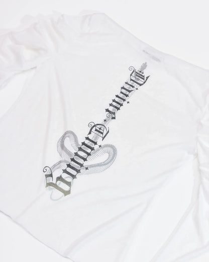 back print of white longsleeve top with ruched sleeves 