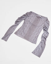 grey longsleeve top with ruched sleeves and back print