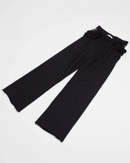 loose fit black joggers with lace and ruching detail