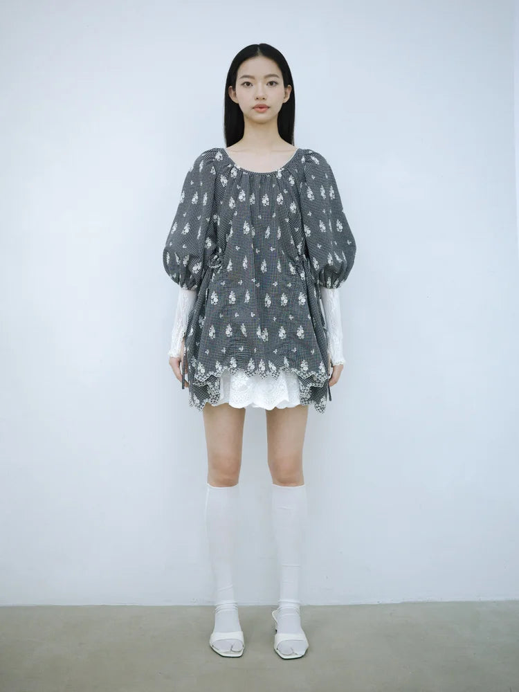 Rochelle Puff Sleeve Blouse - Embroidered Check