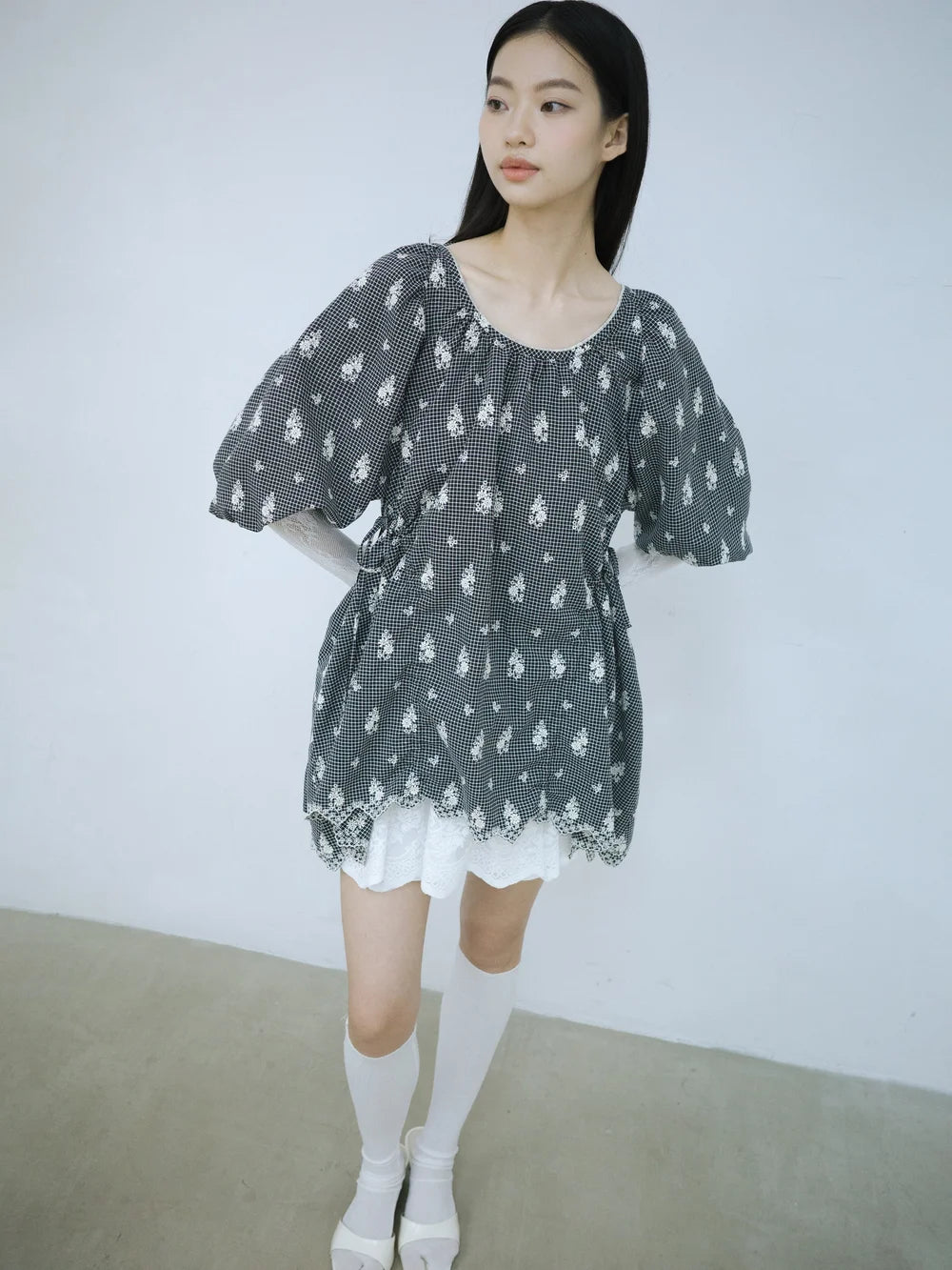 Rochelle Puff Sleeve Blouse - Embroidered Check