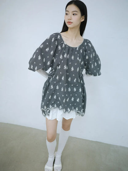 Rochelle Puff Sleeve Blouse - Embroidered Check