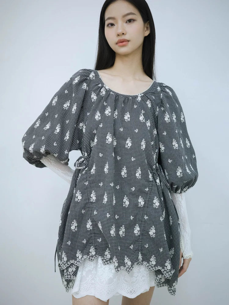 Rochelle Puff Sleeve Blouse - Embroidered Check