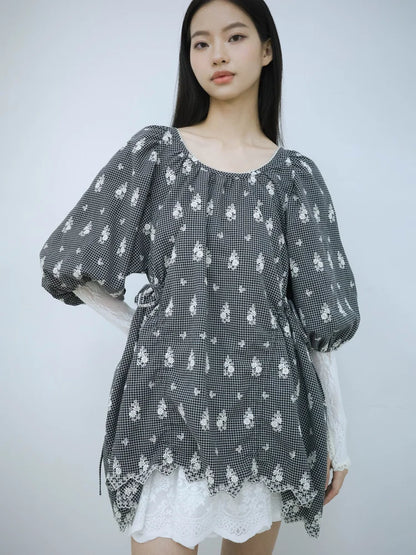 Rochelle Puff Sleeve Blouse - Embroidered Check