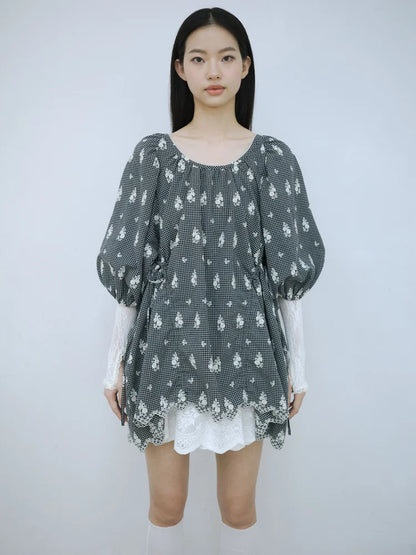 Rochelle Puff Sleeve Blouse - Embroidered Check