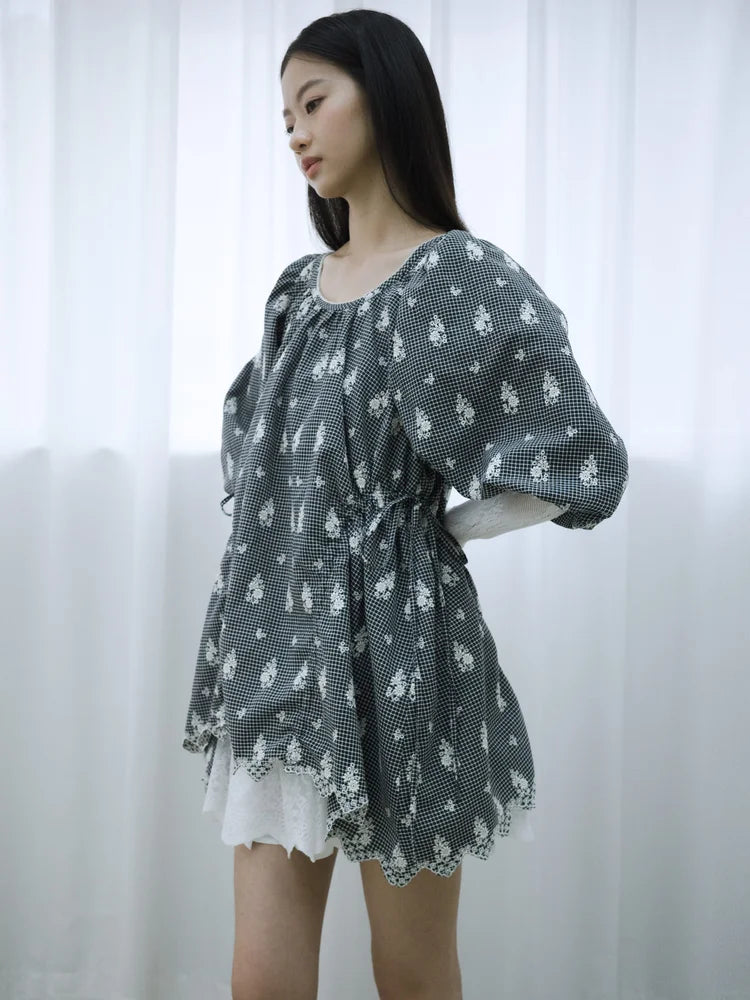 Rochelle Puff Sleeve Blouse - Embroidered Check